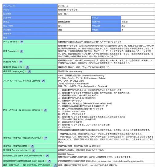 、「ナンバリング 科目名 LP1DE315 組織行動マネジメント 吉岡 担当教員 対象学年 講義室 時限 科目種別 準備事項 豊橋校舎教室 火4 講義 クラス 開講学期 単位区分 单位数 Theme 秋学期 概要 Synopsis Aim Organizational Management: Class tyle 使用言語 anguage(s) 4 組織文化などのトピックを扱 さらに、 複数の実践家を招き、 講義形式を基本に、 日本語のみ アクティブ ラーニングActive Learning 人々を取り巻 社会的課題や解決策につい 考えを深めること。 グループでの討論や実習を行う。 learning Discussion フィールドワーク practice Fieldwork スケジュール Contents, schedule 歴史 世界的な課題、 每外と国内の文脈 (Behavior BBS) と組織行動マネジメント 実践家を交えた質疑応答と討論 準備学習 事後学習 Preparation, review 事後学習の時間 学外授業 Outside activities 事後学習としては、 授業で紹介した考え方や方法を、 え方や方法を、 機会をもつこと、 授業で引用した文献を読む、 その際は、 あらかじめ受講生に周知する。 成績評価の方法と基準E Evaluation&criteria 自身の生活を含め、 社会の問題に 社会の問題に当てはめて考える いて調べたり考えをまとめたりする 希望者がいる場合、 学外授業を実施することがある。 平常評価 (100%) 定期試験期間中の試験実施方法 Exam period 課題 （試験やレポート ックの方法 直接、 るほか、 exams (60%) と受講態度 (40%) によって評価する。 required during exam period.」というテキストの画像のようです